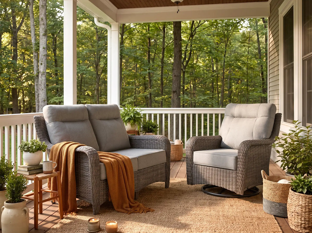 The Monolith Wicker Outdoor Loveseat & Swivel Rocker Set