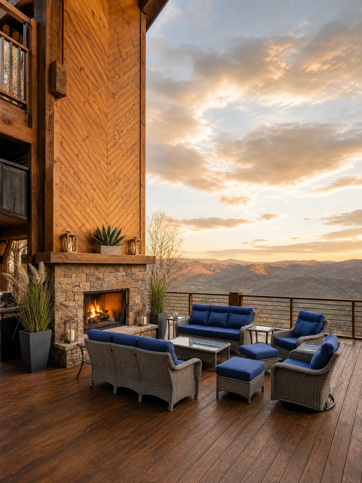 OuterCraft 10-piece all-weather rattan sectional set featuring ergonomic high-back blue cushions, ottomans, and swivel rocker chairs for mountain deck sanctuaries