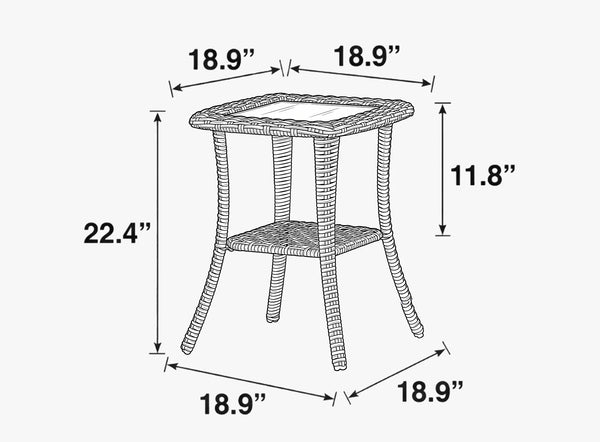 OuterCraft 2-tier dark wicker patio side table size guide showing dimensions of 18.9 inches square tabletop and 22.4 inches height