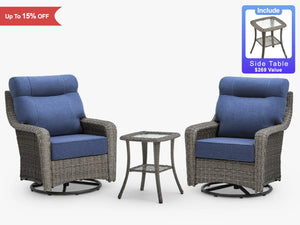 OuterCraft 3-piece dark PE rattan patio set with swivel chairs, side table, and blue cushions on white.