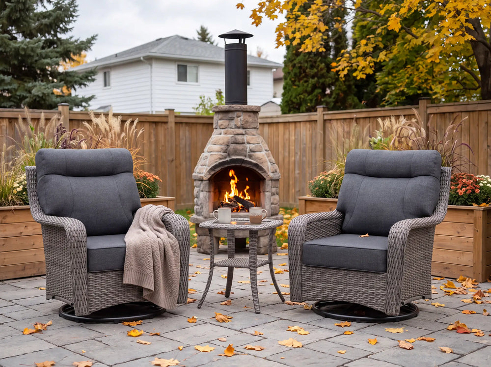 OuterCraft 3-piece dark PE rattan patio set with swivel chairs, side table, and blue cushions on white.