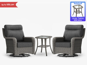 OuterCraft 3-piece dark PE rattan patio set with swivel chairs, side table, and dark gray cushions on white.