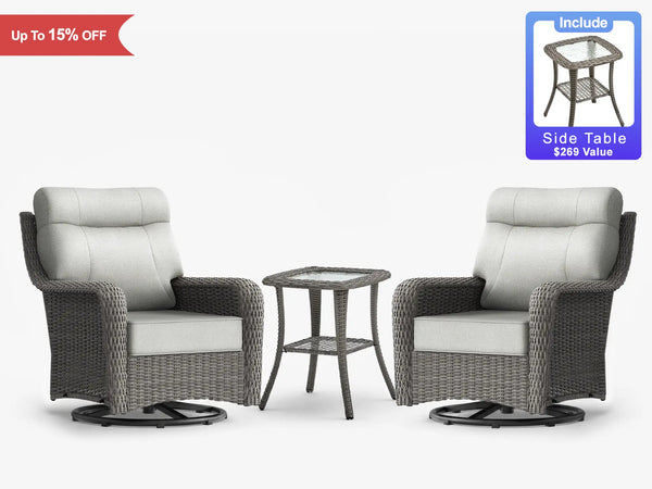 OuterCraft 3-piece dark PE rattan patio set with swivel chairs, side table, and light gray cushions on white.