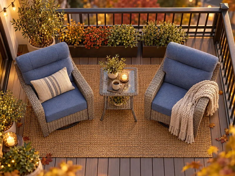 OuterCraft 3-piece outdoor wicker bistro set featuring swivel rocker chairs with blue cushions styled on a cozy balcony.