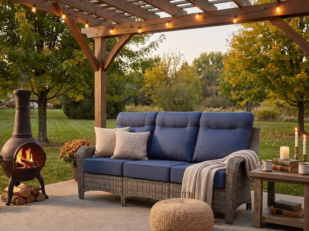 OuterCraft 3-seater outdoor wicker sofa with blue cushions styled on a luxury patio with fireplace and pergola.