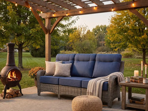 OuterCraft 3-seater outdoor wicker sofa with blue cushions styled on a luxury patio with fireplace and pergola.