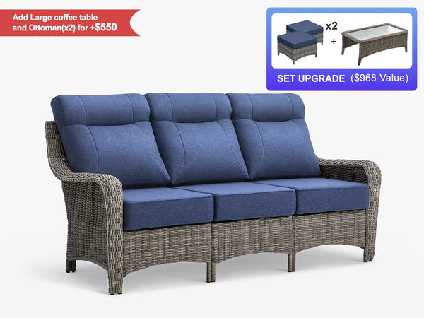 OuterCraft 3-seater wicker sofa with blue cushions and modular set upgrade options on clean white background.