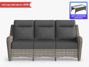 OuterCraft 3-seater wicker sofa with dark gray cushions and coffee table set upgrade option on clean white background.