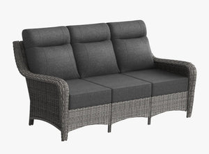 OuterCraft 3-seater wicker sofa with dark gray cushions showcased on a clean white background studio shot.