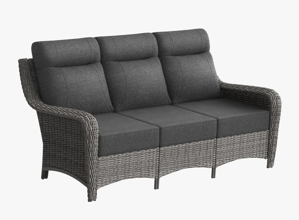OuterCraft 3-seater wicker sofa with dark gray cushions showcased on a clean white background studio shot.