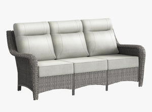 OuterCraft 3-seater wicker sofa with light gray cushions showcased on a clean white background studio shot