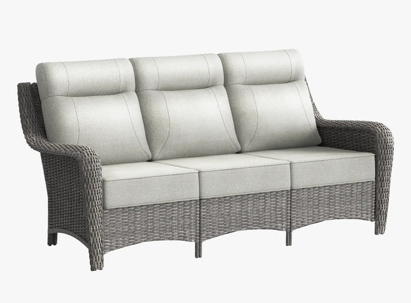 OuterCraft 3-seater wicker sofa with light gray cushions showcased on a clean white background studio shot