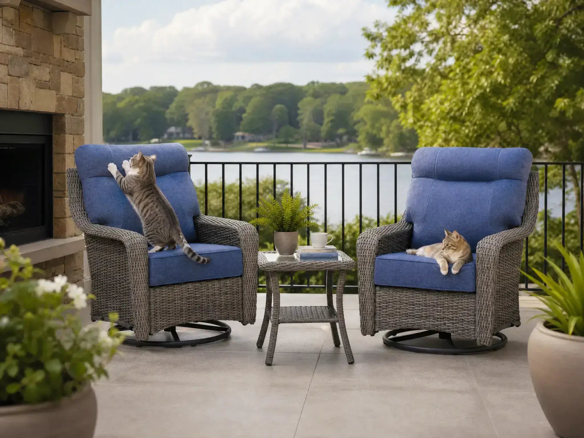 OuterCraft 3-piece outdoor wicker bistro set featuring 2 swivel rocker chairs with ergonomic high-back blue Olefin cushions and side table on lakeside patio