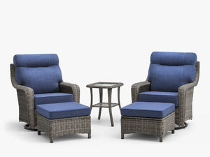 OuterCraft 5-piece dark PE rattan patio set with swivel chairs, ottomans, side table, and blue cushions on white.
