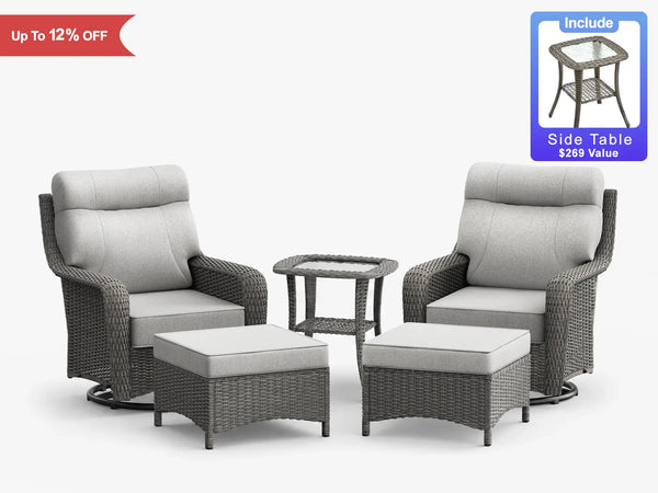 OuterCraft 5-piece dark PE rattan patio set with swivel chairs, ottomans, side table, and light gray cushions on white.