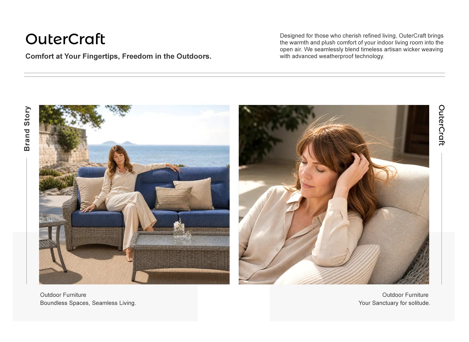 OuterCraft brand story editorial layout featuring woman lounging on Blue Olefin sofa overlooking ocean and macro close-up of Light Gray ergonomic backrest cushion