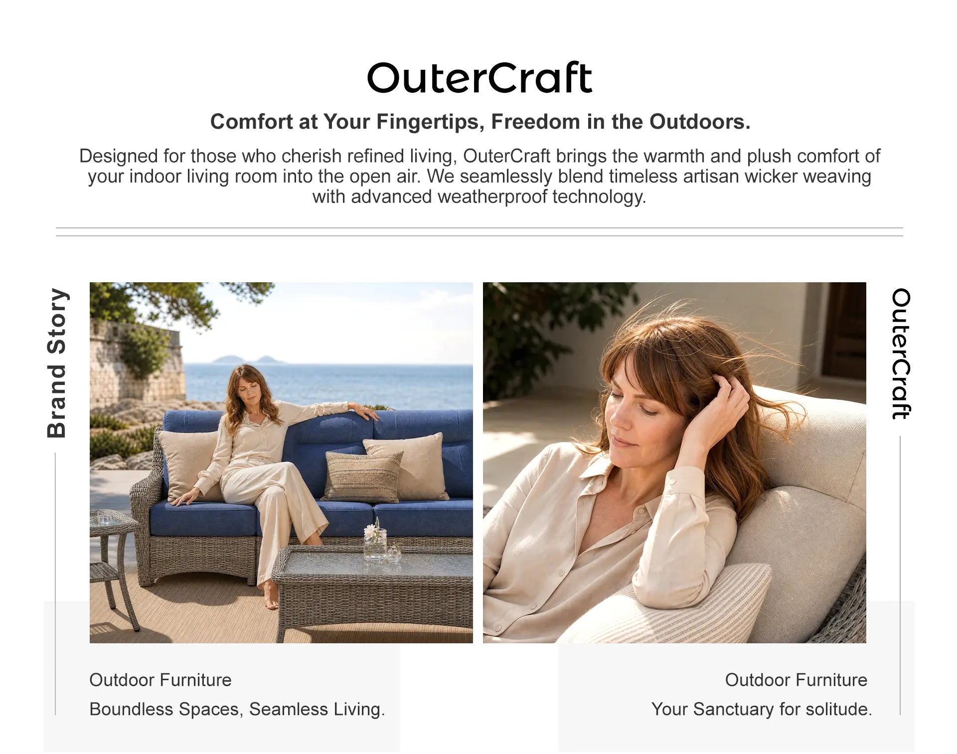 OuterCraft brand story editorial layout featuring woman lounging on blue Olefin sofa overlooking ocean and macro close-up of light gray ergonomic backrest cushion