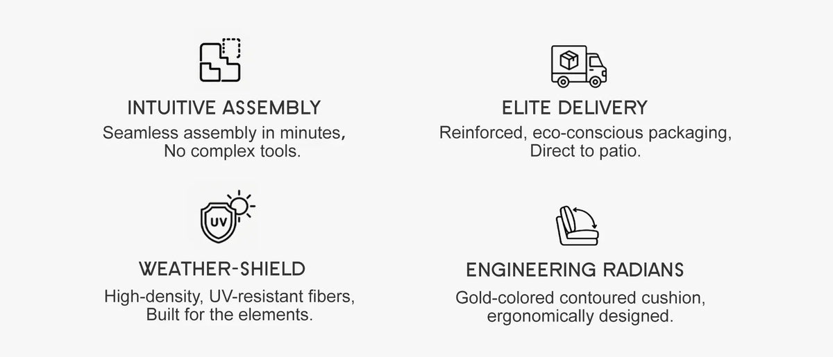 OuterCraft brand trust icons for easy assembly, eco-conscious shipping, weatherproof fabric, and ergonomic cushion design