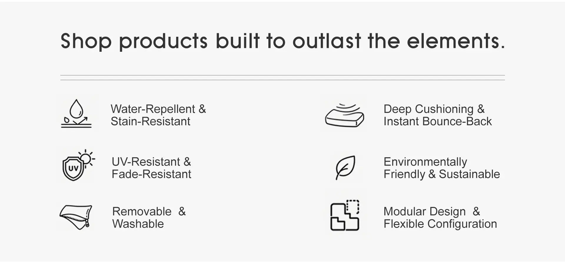 OuterCraft outdoor furniture weatherproof technology icons including water repellent Olefin fabric, UV resistance, high density foam, and modular flexibility