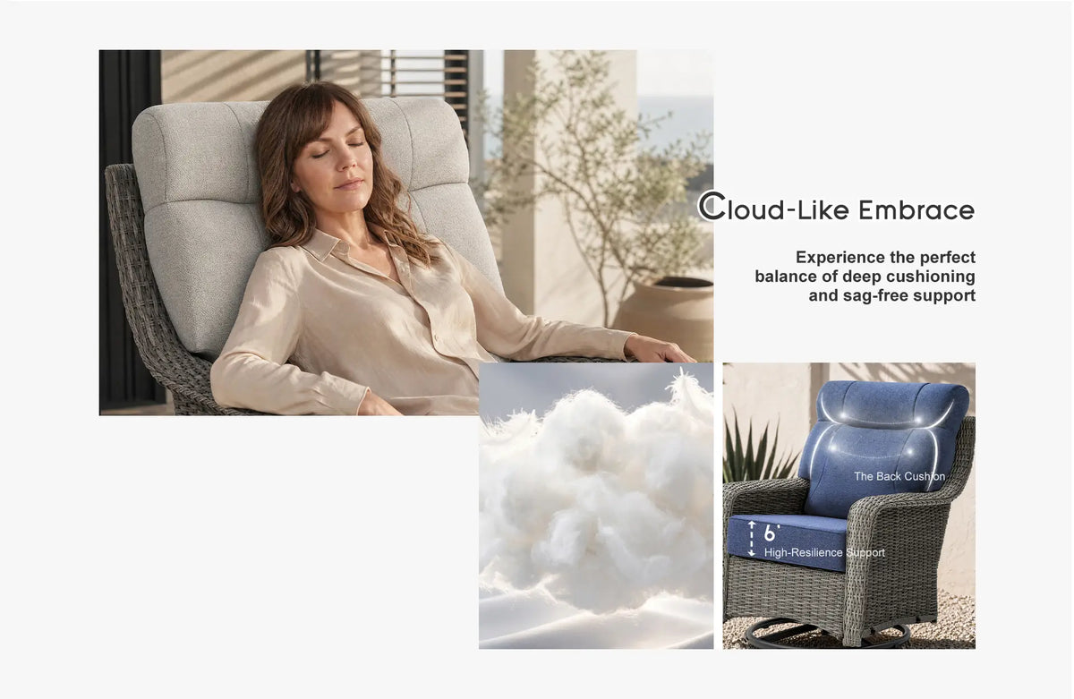 OuterCraft Cloud-Like Embrace feature breakdown highlighting 6-inch high-resilience foam support, ergonomic contoured back cushion, and plush cloud-like cotton fill
