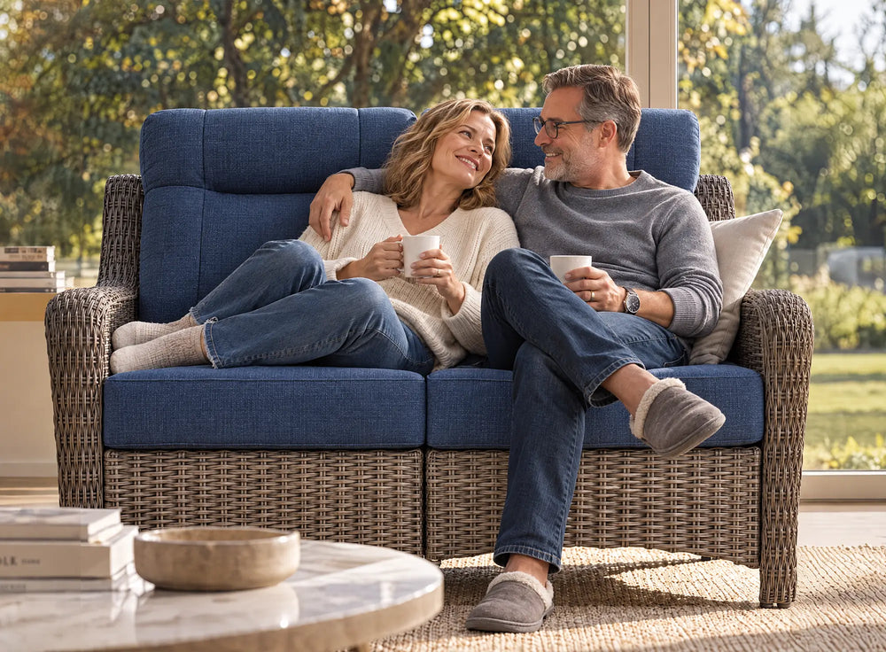 OuterCraft loveseat wicker with blue cushions and modular set upgrade options on clean white background.