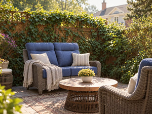 OuterCraft dark PE rattan loveseat with blue cushions in a lush ivy garden patio.