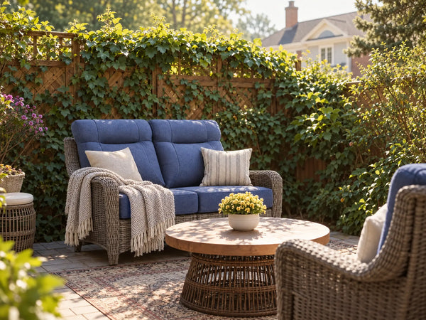 OuterCraft dark PE rattan loveseat with blue cushions in a lush ivy garden patio.