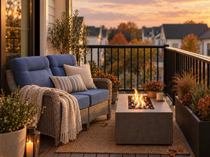 OuterCraft dark PE rattan loveseat with blue cushions and patio fire table on a warm autumn balcony.
