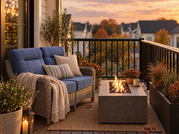 OuterCraft dark PE rattan loveseat with blue cushions and patio fire table on a warm autumn balcony.