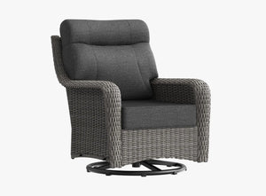 OuterCraft dark PE rattan swivel rocker chair with dark gray cushions on clean white background.