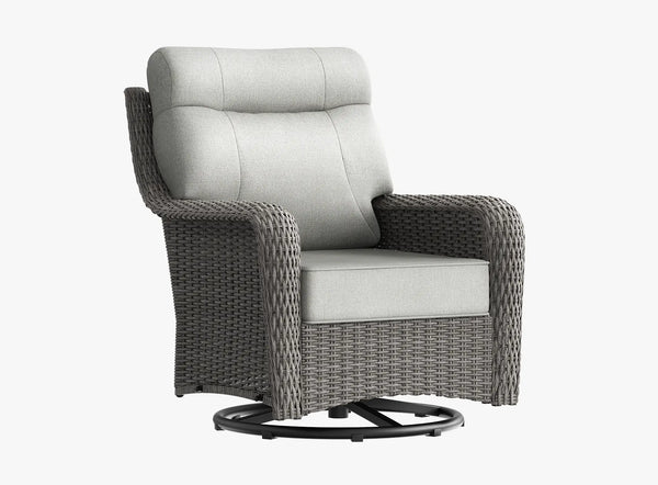 OuterCraft dark PE rattan swivel rocker chair with light gray cushions on clean white background.