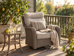 OuterCraft dark PE rattan swivel rocker chair and side table with light gray cushions on a sunlit deck.