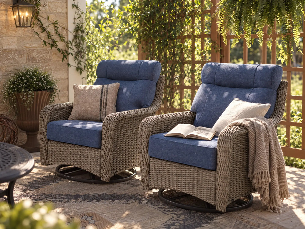 OuterCraft dark PE rattan swivel rocker chairs with blue cushions on a luxury patio deck.