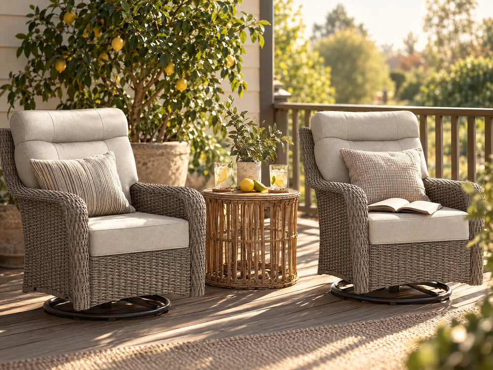 OuterCraft dark PE rattan swivel rocker chairs with blue cushions on a luxury patio deck.