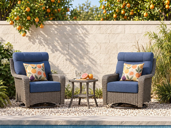 OuterCraft dark PE rattan swivel rocker chairs and side table with blue cushions on a poolside patio.