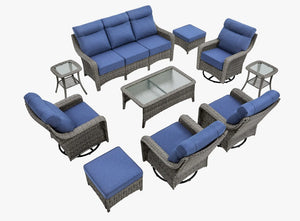OuterCraft 10-piece dark PE rattan patio set with 3-seater sofa, 360-degree swivel rocker chairs, ottomans, coffee table and side tables set with 6-inch thick blue cushions on clean white background