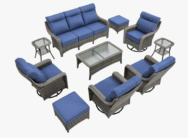OuterCraft 10-piece dark PE rattan patio set with 3-seater sofa, 360-degree swivel rocker chairs, ottomans, coffee table and side tables set with 6-inch thick blue cushions on clean white background