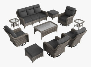 OuterCraft 10-piece dark PE rattan patio set with 3-seater sofa, 360-degree swivel rocker chairs, ottomans, coffee table and side tables set with 6-inch thick dark gray cushions on clean white background