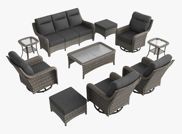 OuterCraft 10-piece dark PE rattan patio set with 3-seater sofa, 360-degree swivel rocker chairs, ottomans, coffee table and side tables set with 6-inch thick dark gray cushions on clean white background