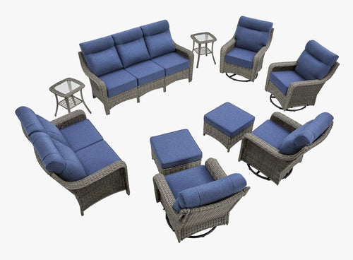 OuterCraft 10-piece dark PE rattan patio set with 3-seater sofa, loveseat, 360-degree swivel rocker chairs, ottomans and side tables with 6-inch thick blue cushions on clean white background