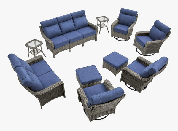 OuterCraft 10-piece dark PE rattan patio set with 3-seater sofa, loveseat, 360-degree swivel rocker chairs, ottomans and side tables with 6-inch thick blue cushions on clean white background