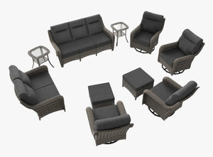 OuterCraft 10-piece dark PE rattan patio set with 3-seater sofa, loveseat, 360-degree swivel rocker chairs, ottomans and side tables with 6-inch thick dark gray cushions on clean white background