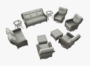 OuterCraft 10-piece dark PE rattan patio set with 3-seater sofa, loveseat, 360-degree swivel rocker chairs, ottomans and side tables with 6-inch thick light gray cushions on clean white background