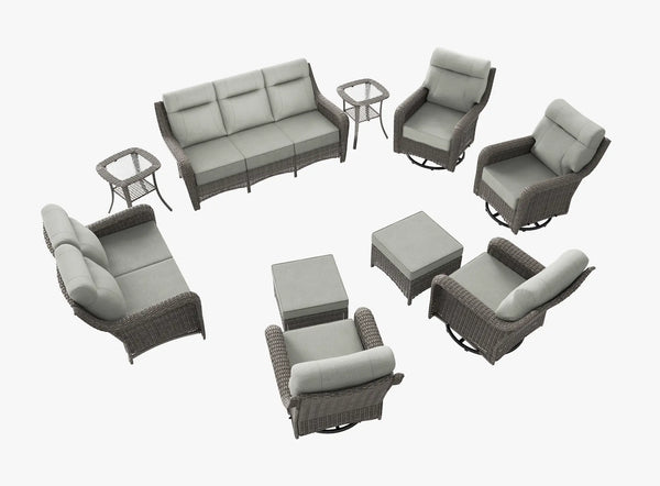 OuterCraft 10-piece dark PE rattan patio set with 3-seater sofa, loveseat, 360-degree swivel rocker chairs, ottomans and side tables with 6-inch thick light gray cushions on clean white background