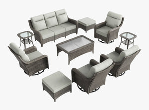 OuterCraft 10-piece dark PE rattan patio set with 3-seater sofa, 360-degree swivel rocker chairs, ottomans, coffee table and side tables set with 6-inch thick light gray cushions on clean white background