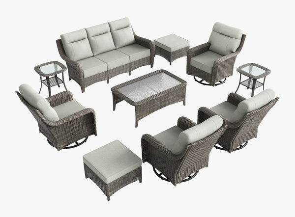 OuterCraft 10-piece dark PE rattan patio set with 3-seater sofa, 360-degree swivel rocker chairs, ottomans, coffee table and side tables set with 6-inch thick light gray cushions on clean white background