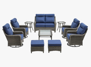 OuterCraft 10-piece dark PE rattan patio set with loveseat, 360-degree swivel rocker chairs, ottomans, side table and coffee table set with 6-inch thick blue cushions on clean white background
