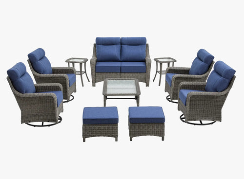 OuterCraft 10-piece dark PE rattan patio set with loveseat, 360-degree swivel rocker chairs, ottomans, side table and coffee table set with 6-inch thick blue cushions on clean white background