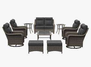 OuterCraft 10-piece dark PE rattan patio set with loveseat, 360-degree swivel rocker chairs, ottomans, side table and coffee table set with 6-inch thick dark gray cushions on clean white background