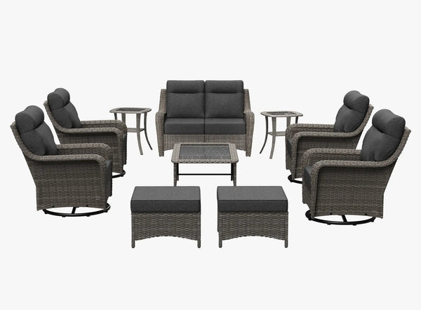 OuterCraft 10-piece dark PE rattan patio set with loveseat, 360-degree swivel rocker chairs, ottomans, side table and coffee table set with 6-inch thick dark gray cushions on clean white background
